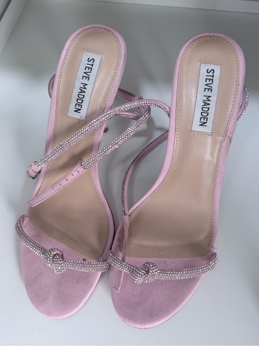 Steve Madden Blush Pink Rhinestone-Strap Heeled Sandals